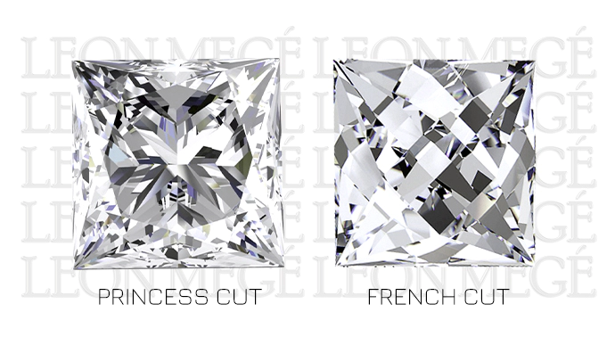 Princess cut vs. French cut diamond illustration by Leon Mege