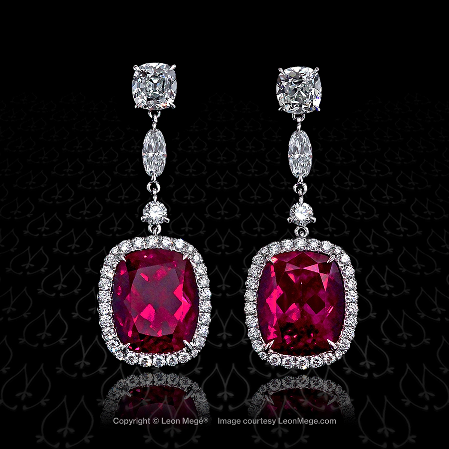 Rubellite tourmaline drop earrings with micro pave halo by Leon Mege.