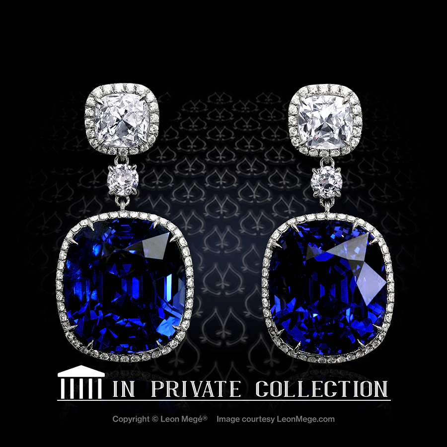 Custom made halo drop earrings featuring natural cushion sapphires by Leon Mege.
