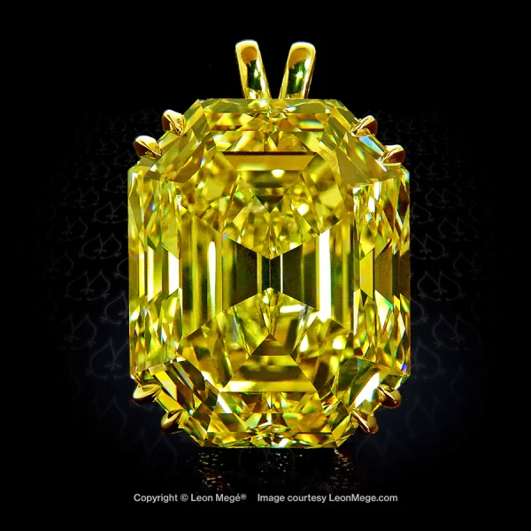Leon Mege 42.60-carat vivid-yellow Krupp-cut natural diamond set in delicate 18K gold pendant with double eagle-claw prongs p014