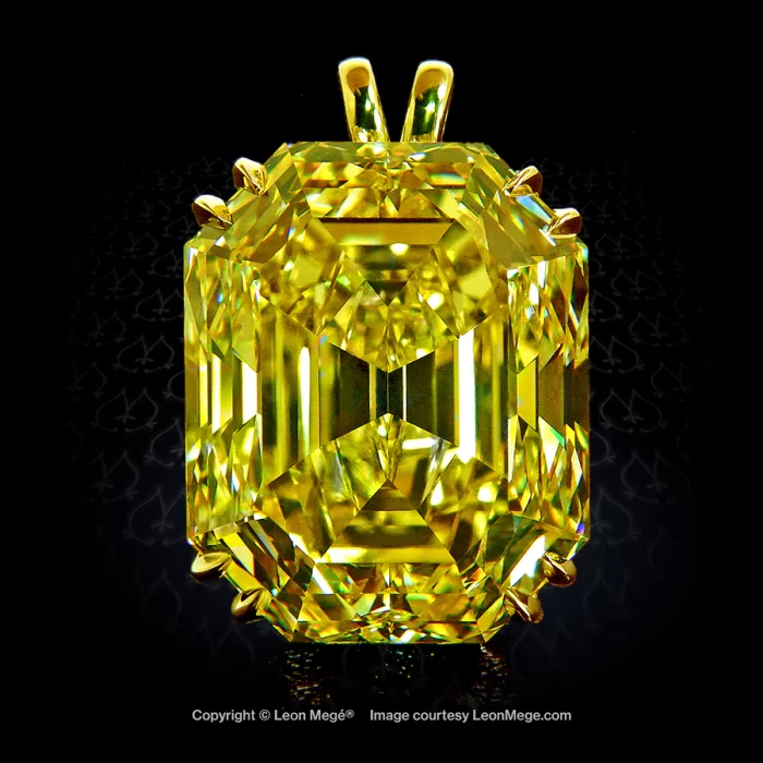 Vivid yellow 42 carat Asscher cut diamond pendant by Leon Mege.