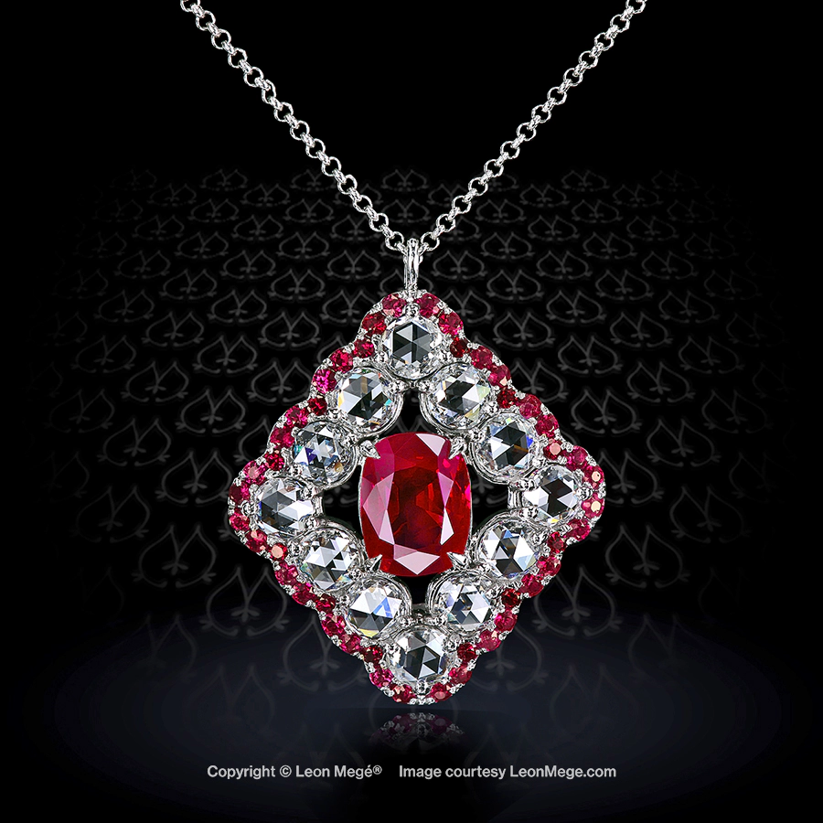 Leon Mege splendid Burmese Ruby pendant with rose cut diamonds surrounded by rose-cut diamonds framed with rubies' micro pave in a critically acclaimed design p5169