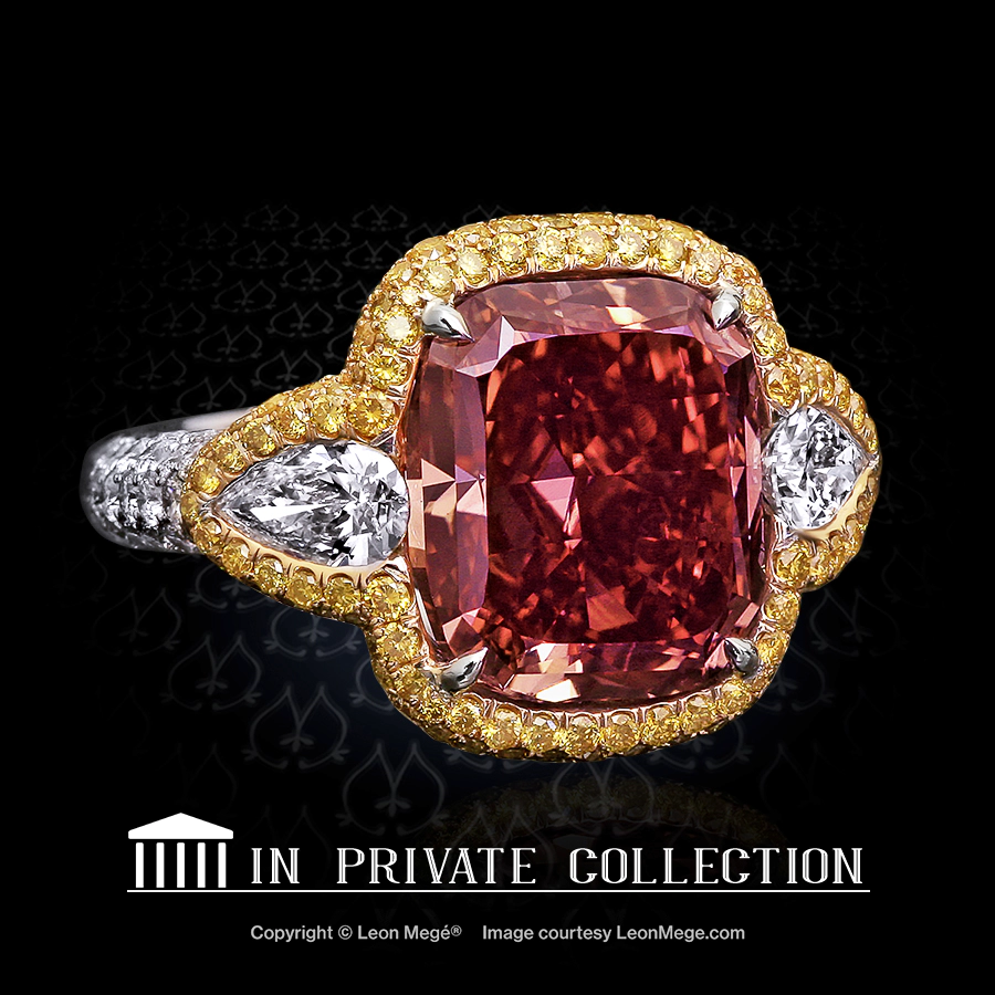 Montpassier three-stone ring featuring a fancy vivid red cushion diamond in fancy yellow micro pave by Leon Mege.