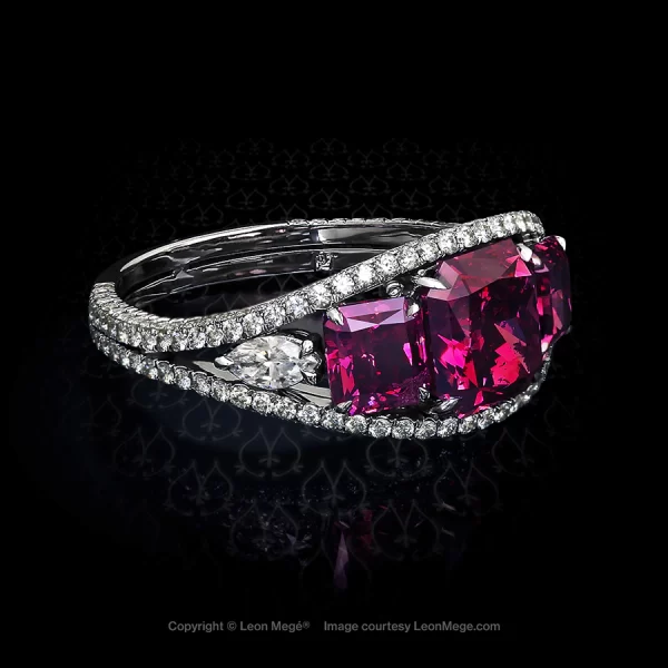 Custom made split shank ring with natural red purple diamonds by Leon Mege.