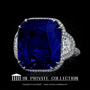 Montpassier three-stone ring featuring a natural Burma blue sapphire 57.90 carat by Leon Mege.