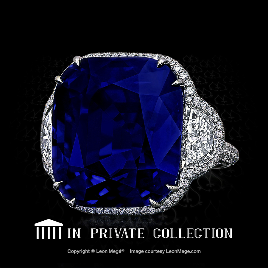 Leon Mege Montpassier™ ring with a cushion sapphire flanked by half-moon diamonds confined by micro pave r1235