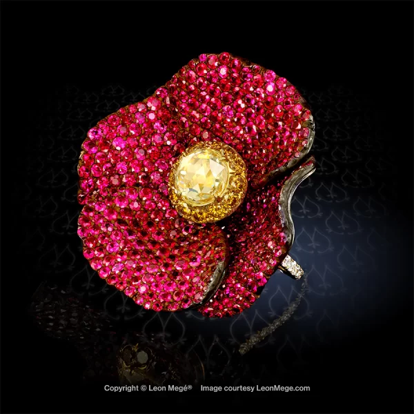 Leon Megé "Poppy Flower" Haute Couture ring with fancy yellow diamond mounted "en Tremblant" r1241