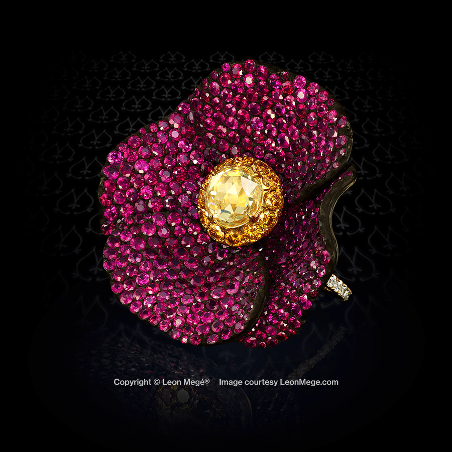 Ruby, white yellow diamond, poppy flower-style right-hand designer red carpet ring by Leon Mege