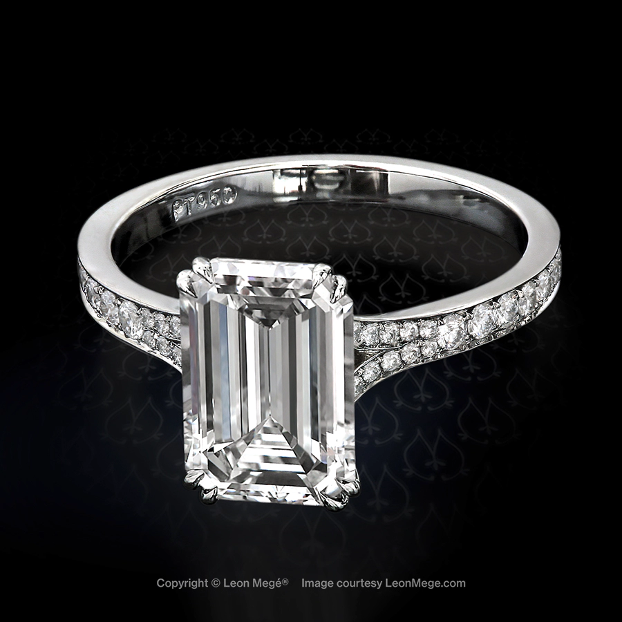 Emerald cut diamond ring with a split shank by Leon Mege
