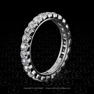 Leon Mege wedding band with True Antique™ cushion diamonds in a semi-bezel platinum setting with millgrain r2000