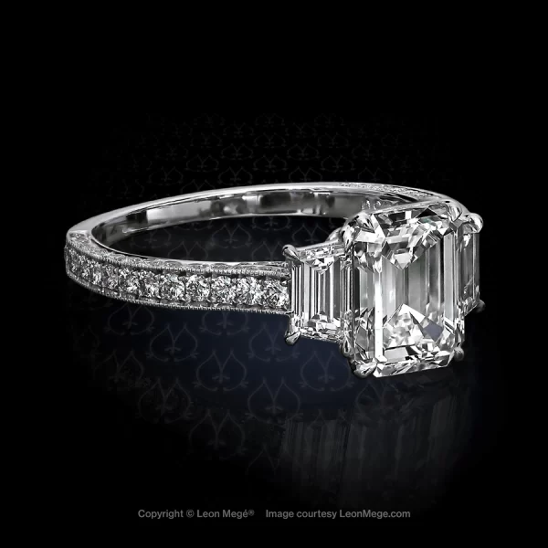 Leon Megé three stone engagement ring with an emerald-cut diamond and step-cut trapezoids over bright-cut pave r4098
