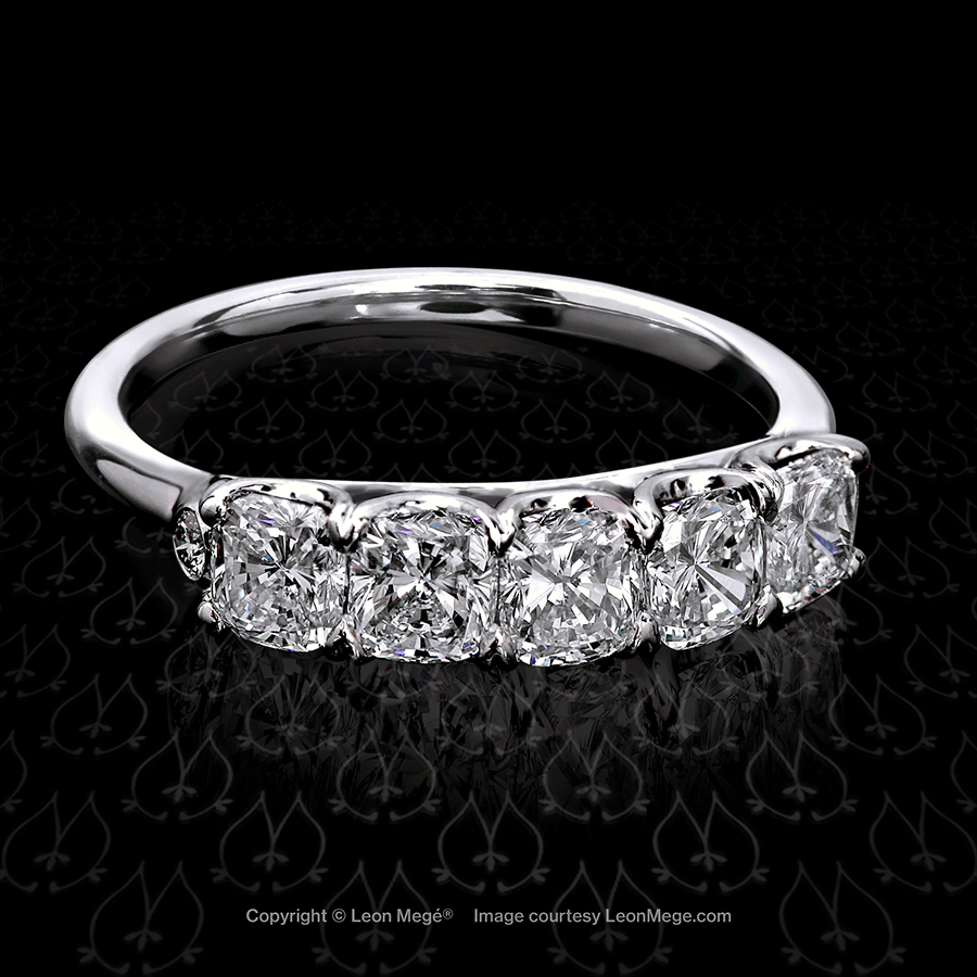 Leon Mege Heat Wave™ five-stone band with modern cushion diamonds bookended with two round brilliants r4150