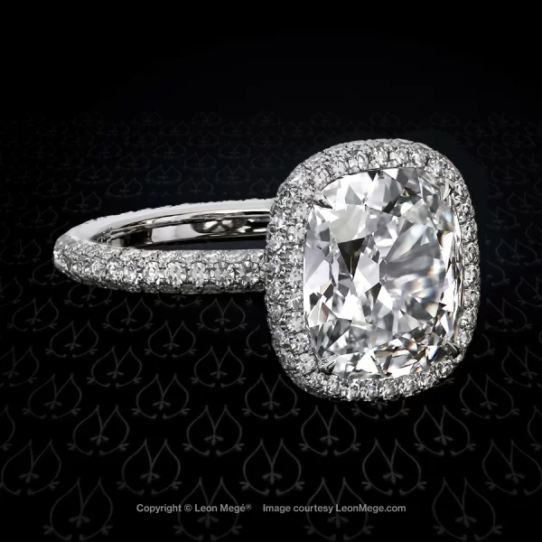 Barcelona micro pave halo ring featuring a True Antique cushion diamond by Leon Mege.