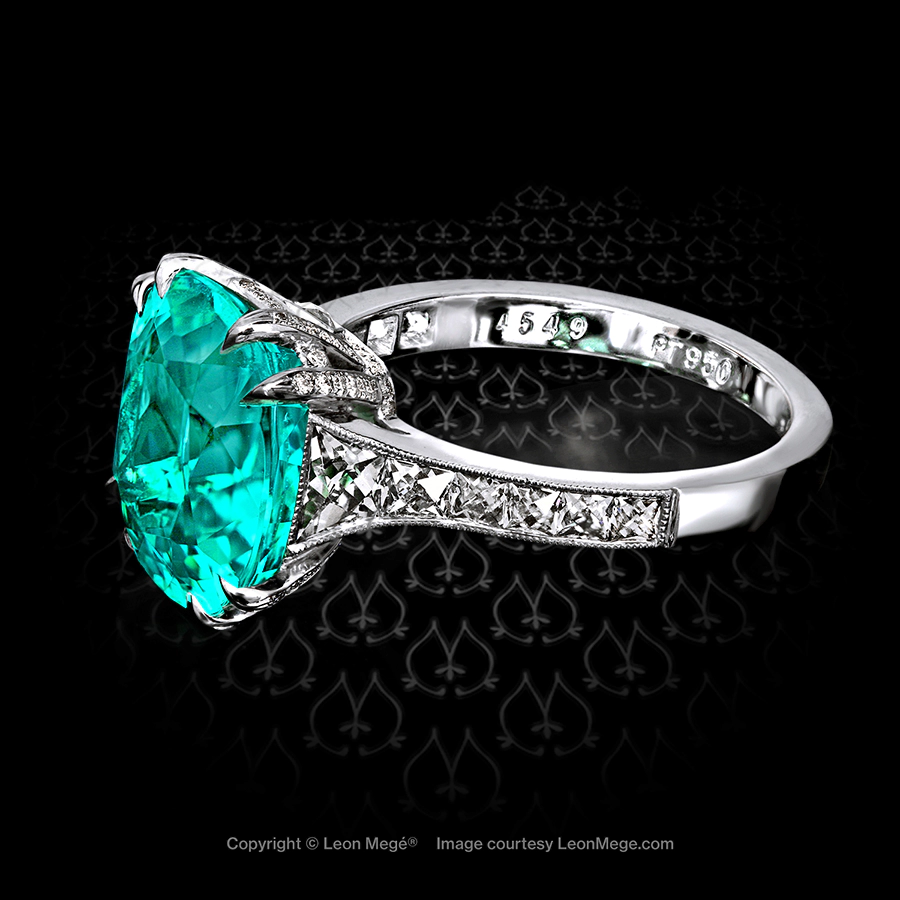 Custom made ring featuring a cushion cut green paraiba tourmaline by Leon Mege.