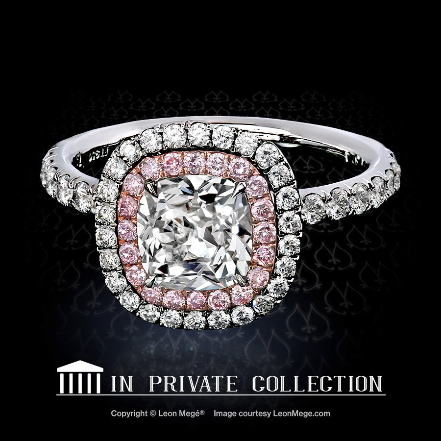 Leon Mege halo ring with a cushion diamond encircled by a double halo of pink and white diamonds r4794