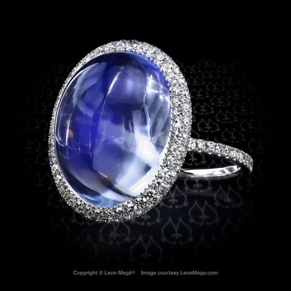 Rare Burmese blue moonstone micro pave ring with sapphires and diamonds by Leon Mege