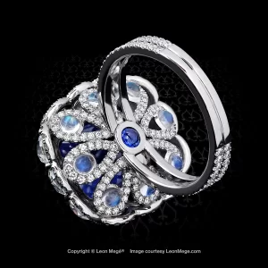 Sugarloaf unheated burma sapphire in intricate ring by Leon Mege