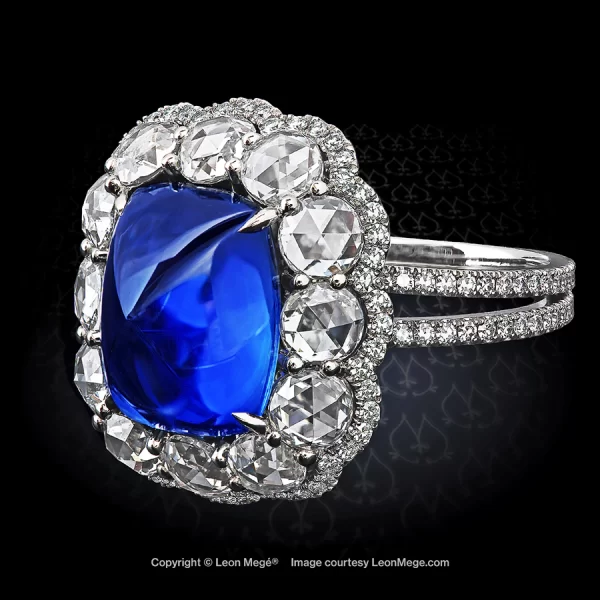 Leon Megé cluster ring with Burma sugarloaf sapphire and rose cut diamonds R4830
