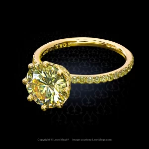 Custom made solitaire ring featuring a round yellow moissanite by Leon Mege.
