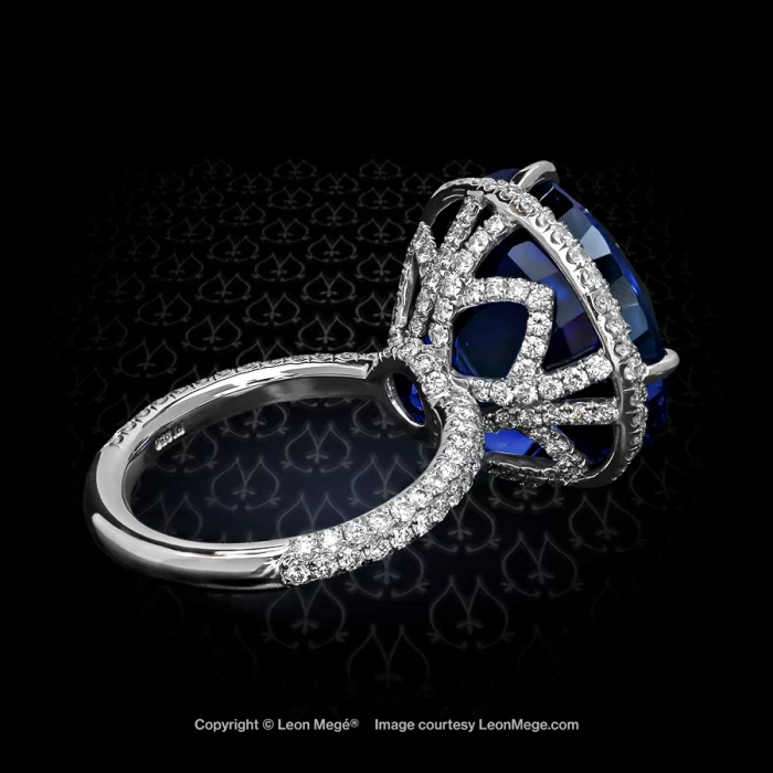Leon Mege statement ring featuring a round sapphire accentuated with micro pave wrap on the shank and basket r5630