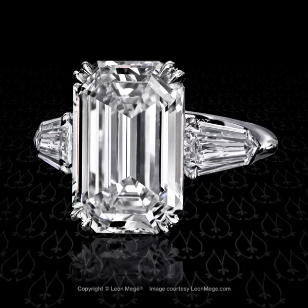 Leon Mege three-stone engagement ring with an emerald cut diamond accented with diamond shields r783