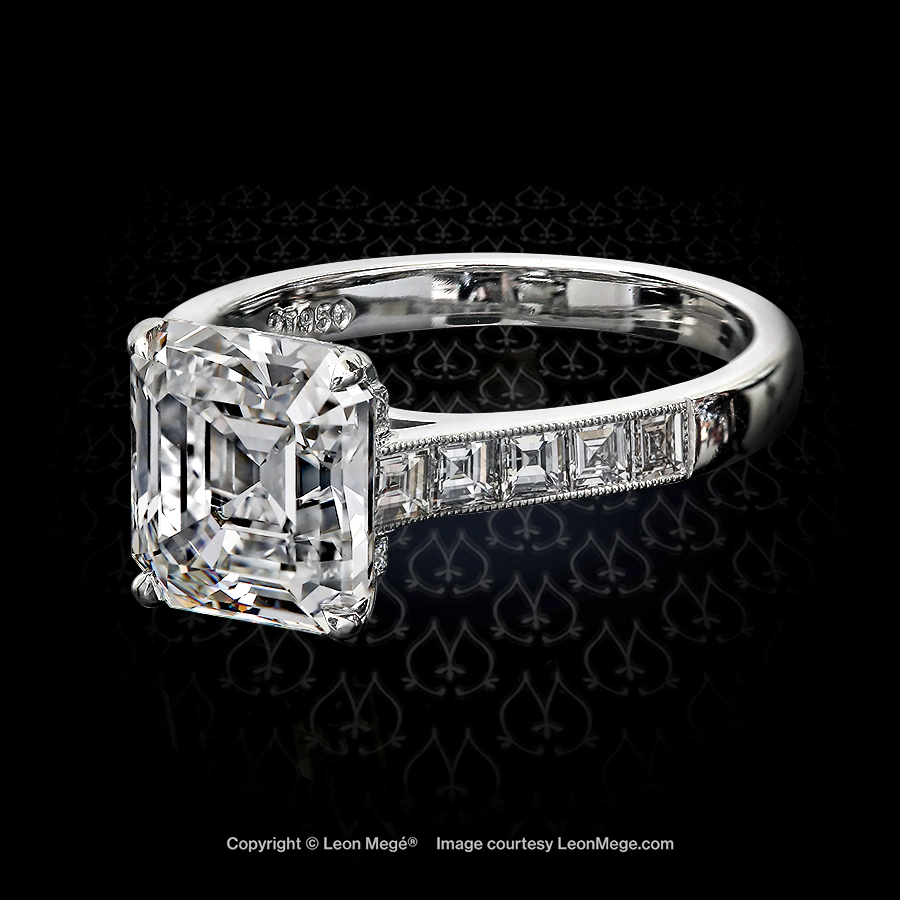 Leon Mege Asscher cut diamond engagement ring with channel set square diamond baguettes r4453