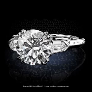 Leon Megé custom-made precision forged three-stone ring featuring a round diamond accented with tapered diamond bullets r6190