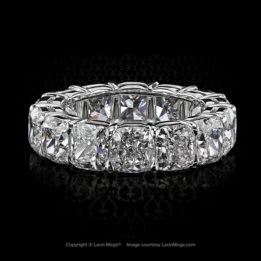 Leon Megé shared-prong platinum eternity wedding band with natural modern cushion diamonds r6188