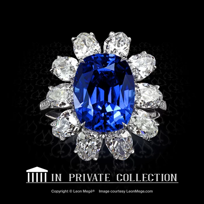 Leon Megé cluster ring with Burmese sapphire framed by antique pear-shaped diamonds r6258
