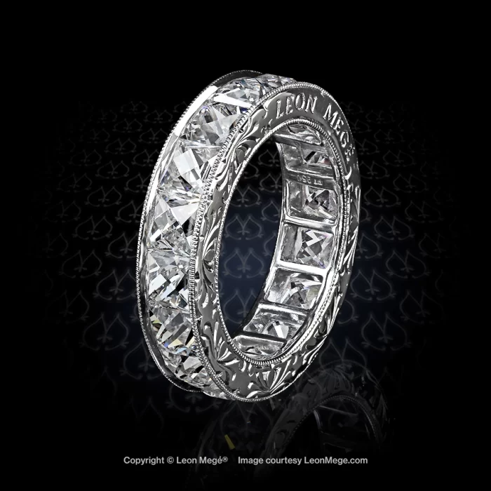 Leon Megé hand-engraved eternity wedding band with French cut diamonds in millgrained channel r6298