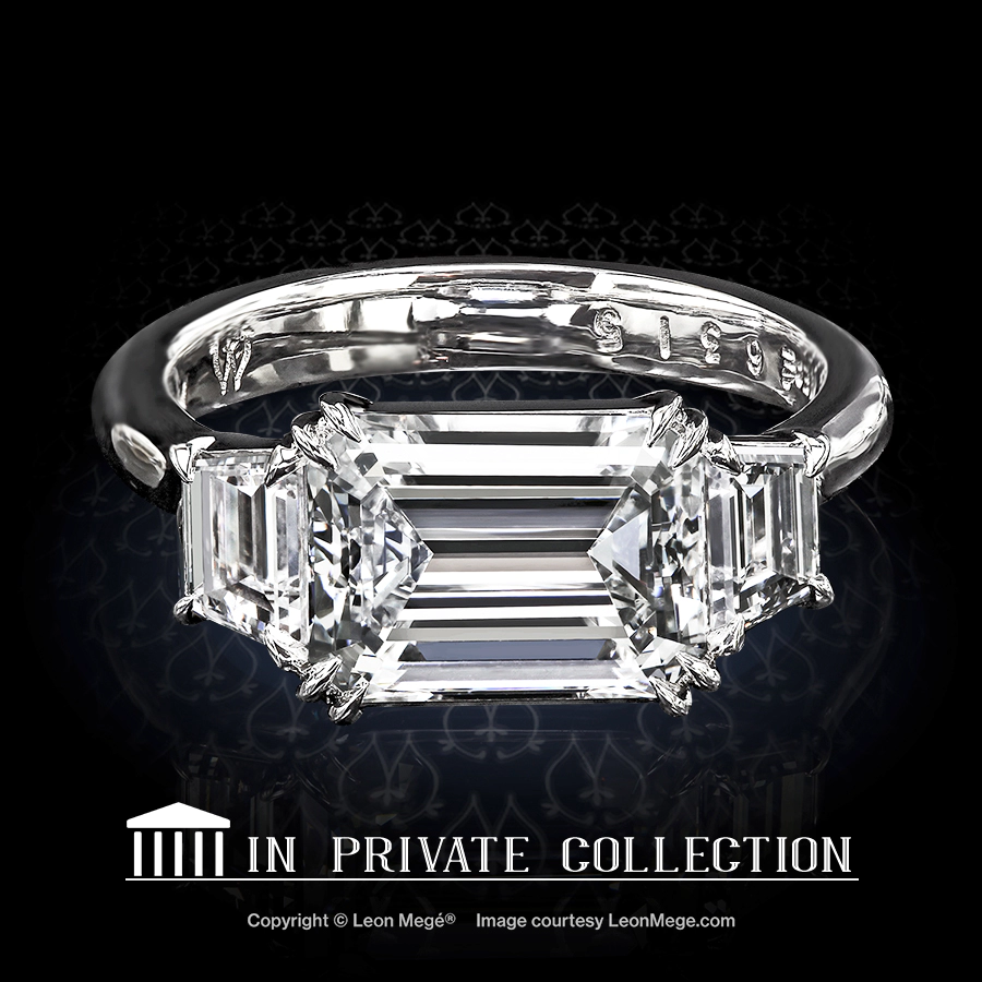 Leon Megé East-West three-stone ring with an emerald-cut diamond and step-cut trapezoids r6315