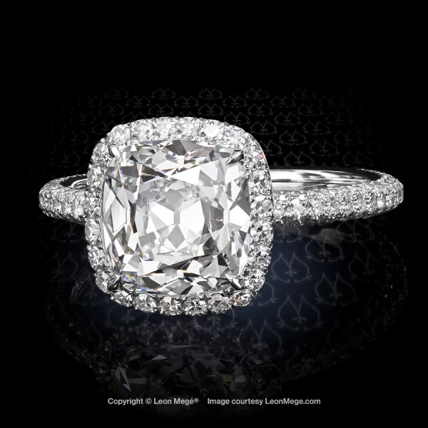 Leon Megé 813™ bespoke ring with a True Antique™ cushion diamond and micro pave diamond halo r4725