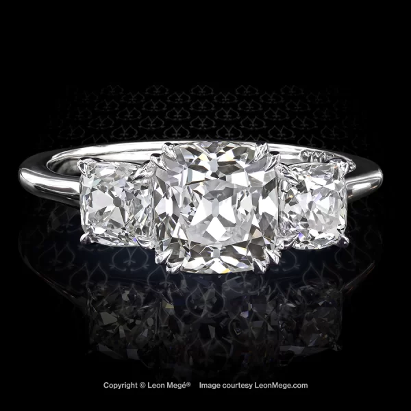 Leon Megé three-stone ring with True Antique™ cushion diamonds in hand-forged platinum r6394