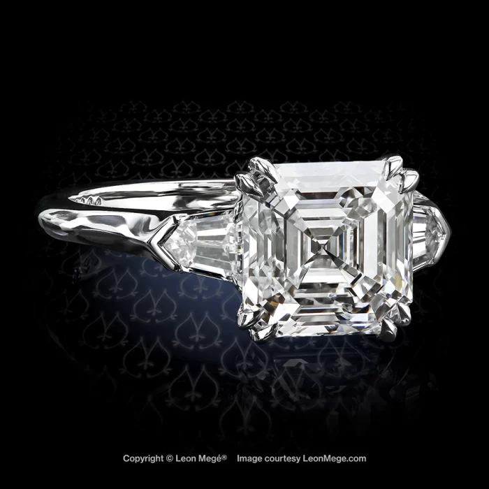 Leon Mege bespoke three-stone ring with an Asscher cut diamond and diamond bullets in platinum r6268