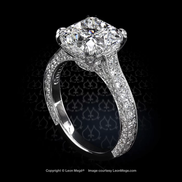 Leon Megé hand-forged 313™ solitaire with a cushion diamond and bright-cut pave r6283
