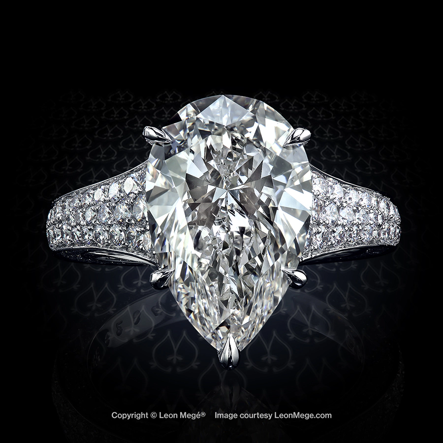 Leon Megé bespoke engagement ring with a pear-shaped diamond and bright-cut pave r6284