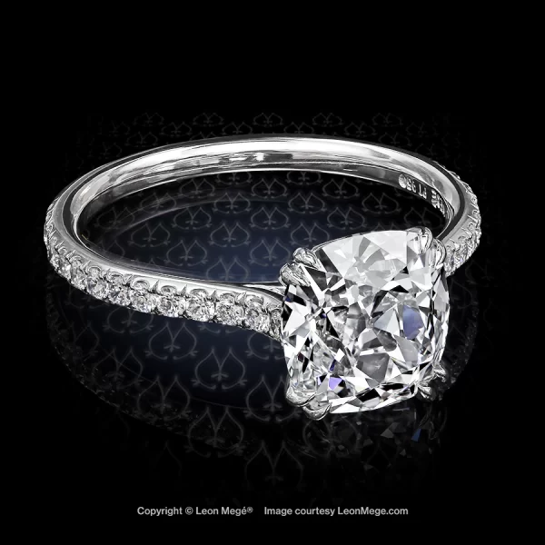 Leon Megé 401™ solitaire with an True Antique™ cushion diamond and diamond pave on the shank r6320