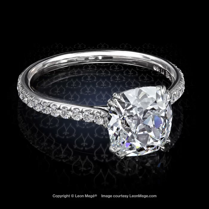 Leon Megé 401™ solitaire with an True Antique™ cushion diamond and diamond pave on the shank r6320