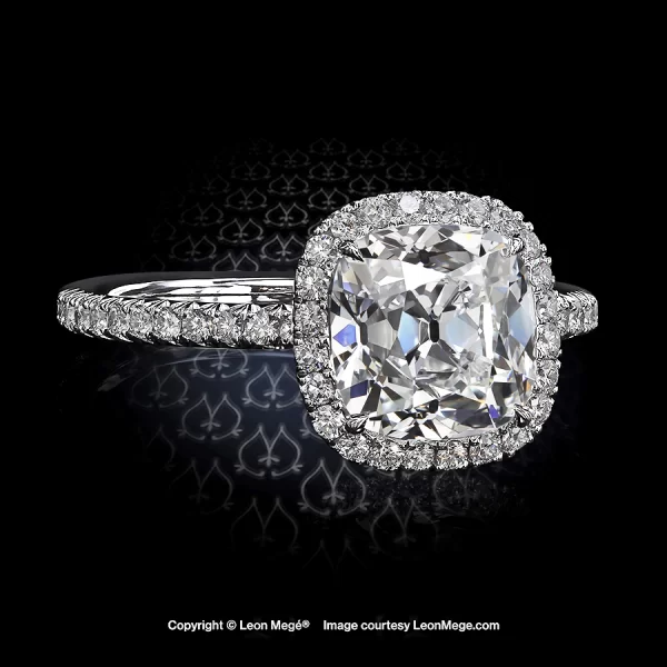 Leon Megé 811™ micro pave halo engagement ring with a True Antique™ cushion diamond r6352