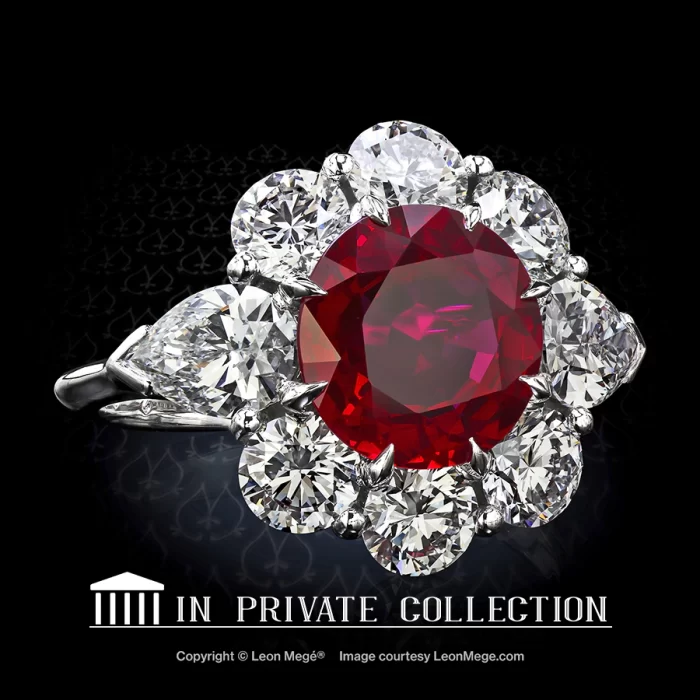 Leon Megé cluster ring with a Burmese ruby surrounded by round and pear-shaped diamonds r6370
