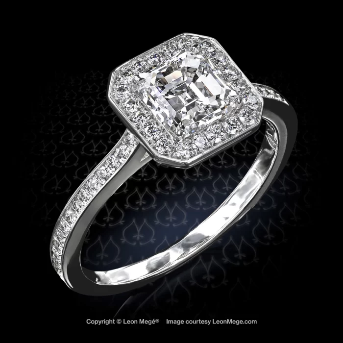 Leon Megé 611™ halo engagement ring with an Asscher cut diamond in bright-cut pave r6240