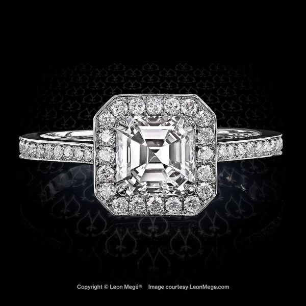 611™ halo engagement ring with an Asscher cut diamond by Leon Megé r6240
