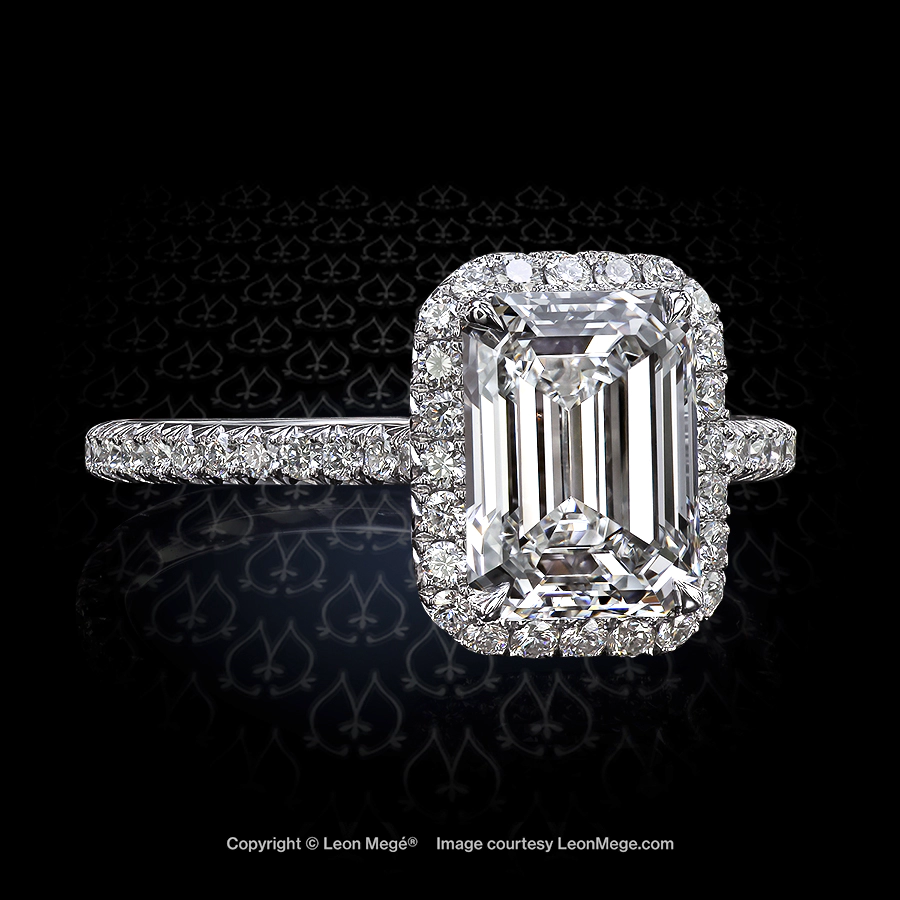 Leon Megé 811™ halo engagement ring with a natural emerald cut diamond in a bespoke hand-forged platinum mounting r6433