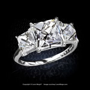 Leon Megé three-stone ring with a huge French cut diamond and a pair of French cut side stones r6453