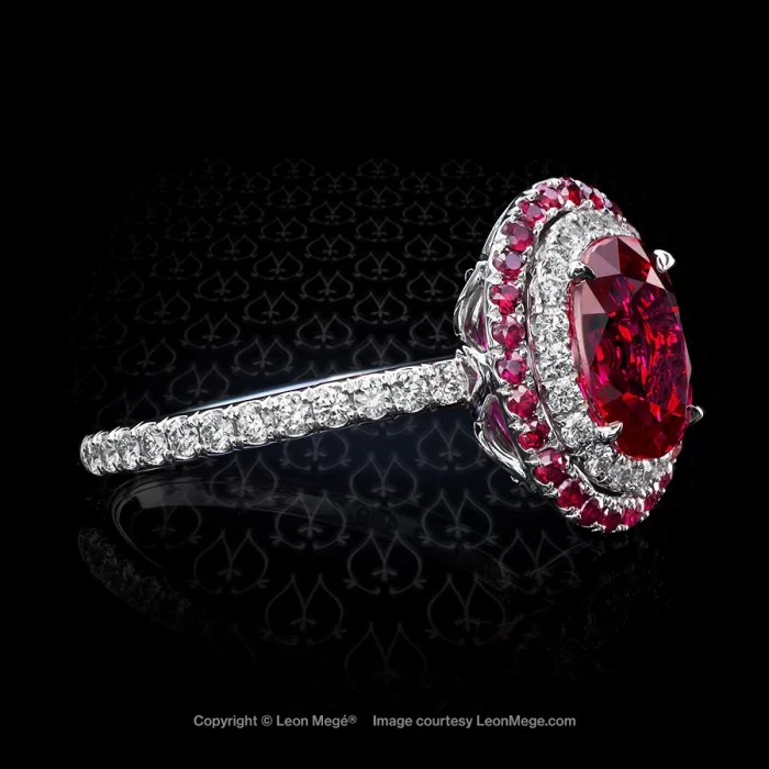 Double halo ring, featuring 2.05 carat, natural, oval cut ruby by Leon Mege.