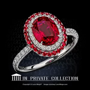 Double halo ring, featuring 2.05 carat, natural, oval cut ruby by Leon Mege.