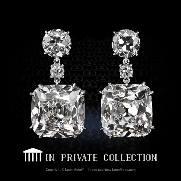 Leon Mege eardrops with a pair of True Antique™ cushions topped with Old European cut diamonds e6327