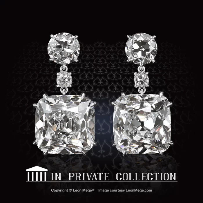 Leon Mege eardrops with a pair of True Antique™ cushions topped with Old European cut diamonds e6327