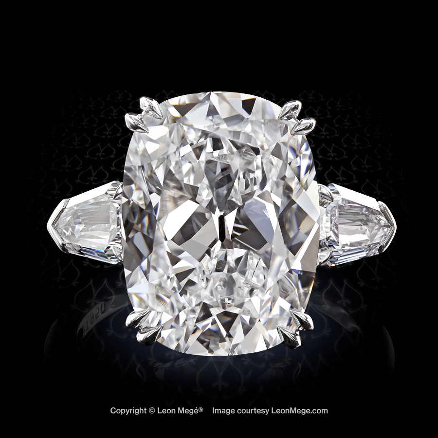 Leon Megé three-stone engagement ring with a True Antique™ cushion diamond and matching pair of shields r6544