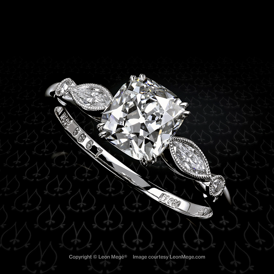 Custom solitaire engagement ring with a True Antique cushion cut diamond by Leon Mege.